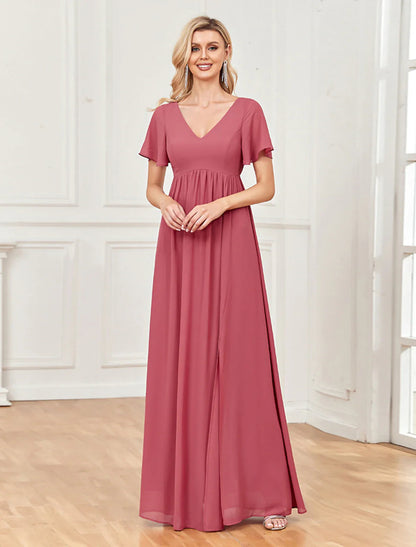 NumberSea - A - Line Evening Gown Empire Dress Party Wear Wedding Party Floor Length Short Sleeve V Neck Chiffon V Back with Slit