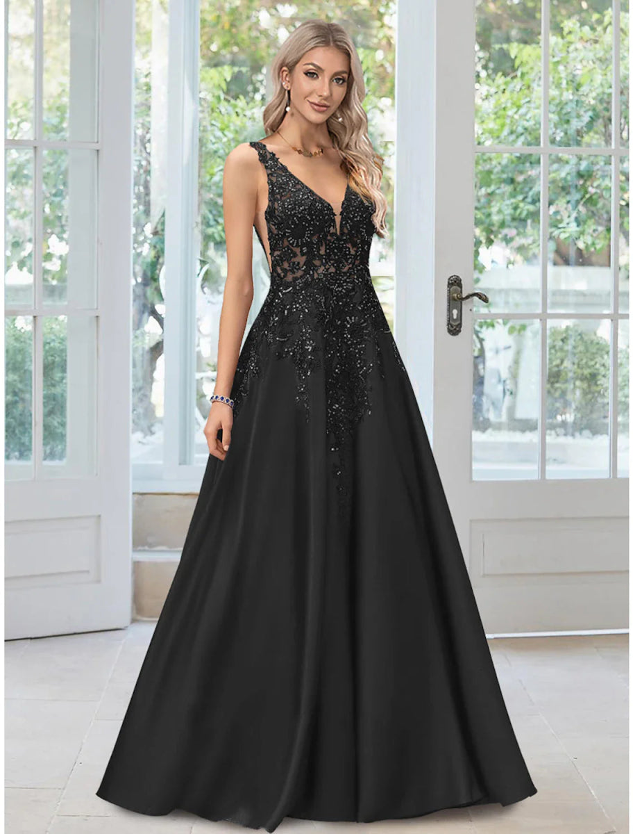 NumberSea - A - Line Evening Gown Floral Dress Formal Black Tie Floor Length Sleeveless V Neck Lace with Appliques