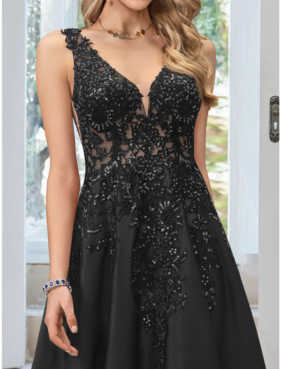 NumberSea - A - Line Evening Gown Floral Dress Formal Black Tie Floor Length Sleeveless V Neck Lace with Appliques