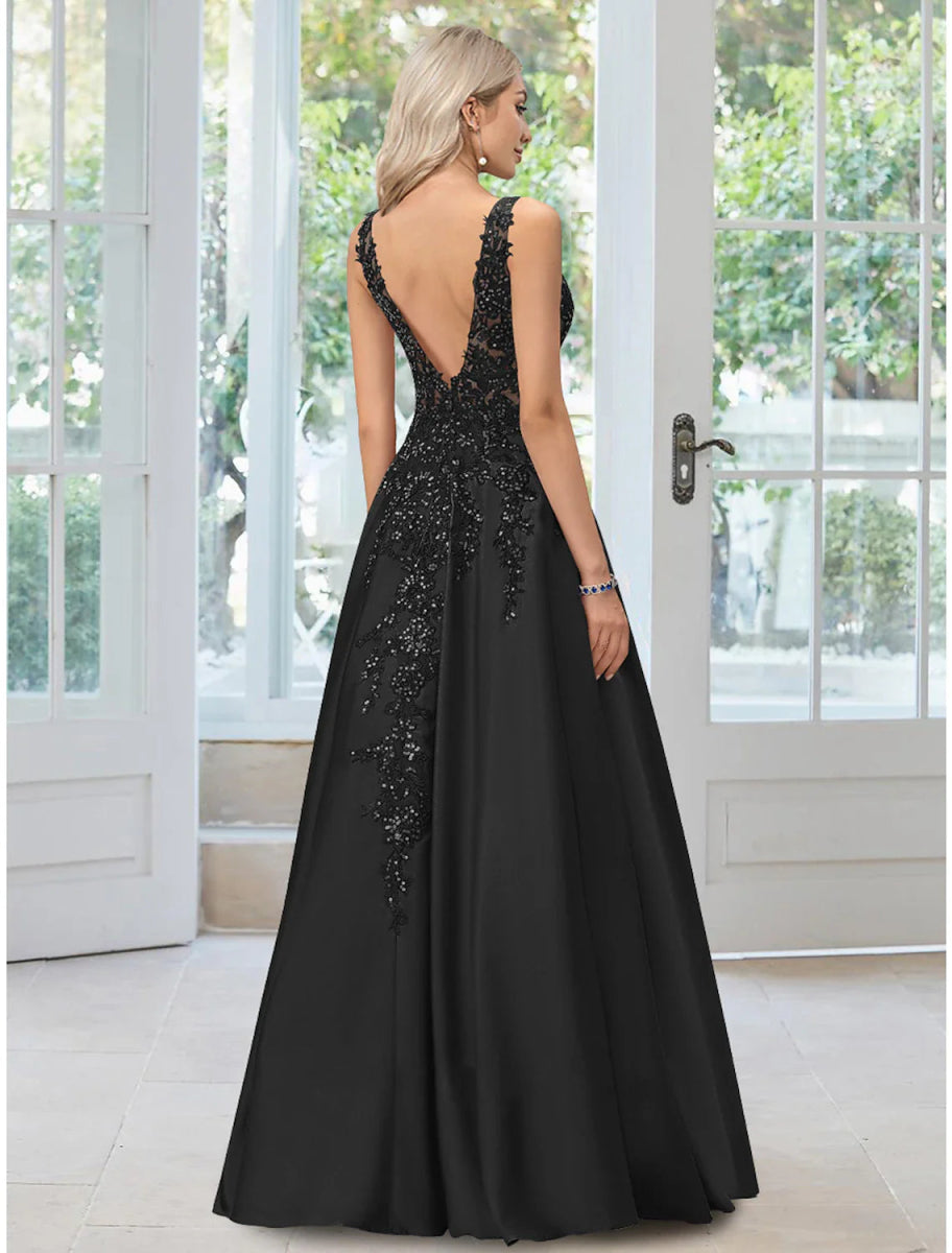 NumberSea - A - Line Evening Gown Floral Dress Formal Black Tie Floor Length Sleeveless V Neck Lace with Appliques