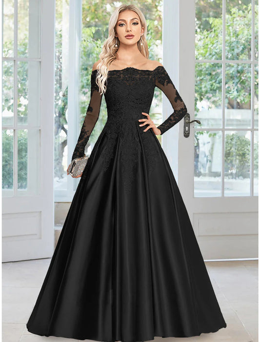 NumberSea - A - Line Evening Gown Floral Dress Formal Wedding Guest Court Train Long Sleeve Off Shoulder Satin with Appliques