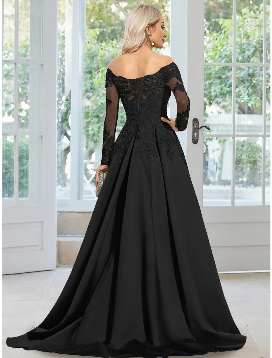 NumberSea - A - Line Evening Gown Floral Dress Formal Wedding Guest Court Train Long Sleeve Off Shoulder Satin with Appliques