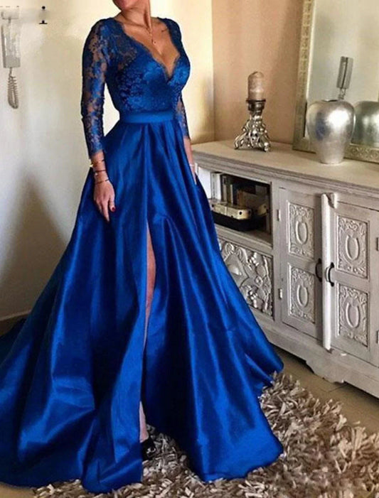 NumberSea - A - Line Evening Gown Floral Dress Party Wear Formal Evening Floor Length Long Sleeve V Neck Tulle with Pleats Appliques