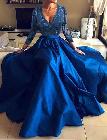 NumberSea - A - Line Evening Gown Floral Dress Party Wear Formal Evening Floor Length Long Sleeve V Neck Tulle with Pleats Appliques