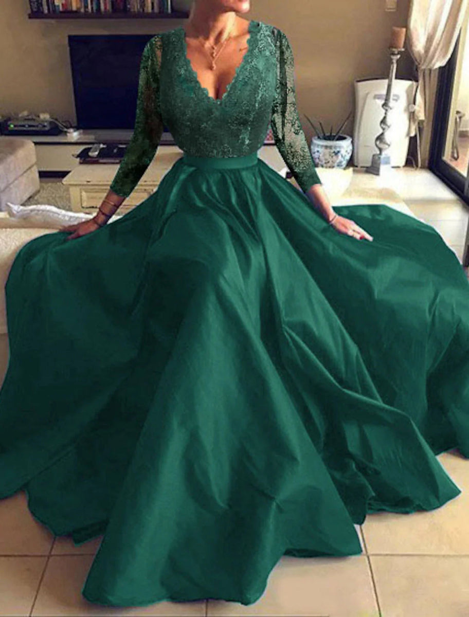 NumberSea - A - Line Evening Gown Floral Dress Party Wear Formal Evening Floor Length Long Sleeve V Neck Tulle with Pleats Appliques