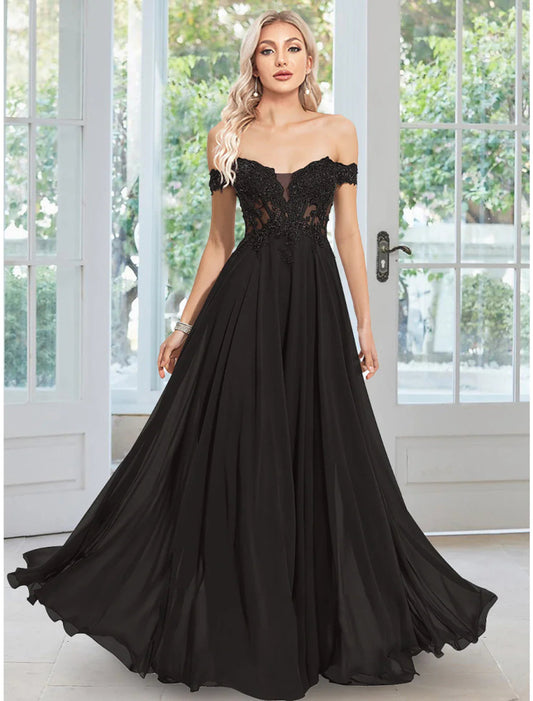 NumberSea - A - Line Evening Gown Floral Dress Prom Semi Formal Floor Length Sleeveless Off Shoulder Chiffon with Appliques