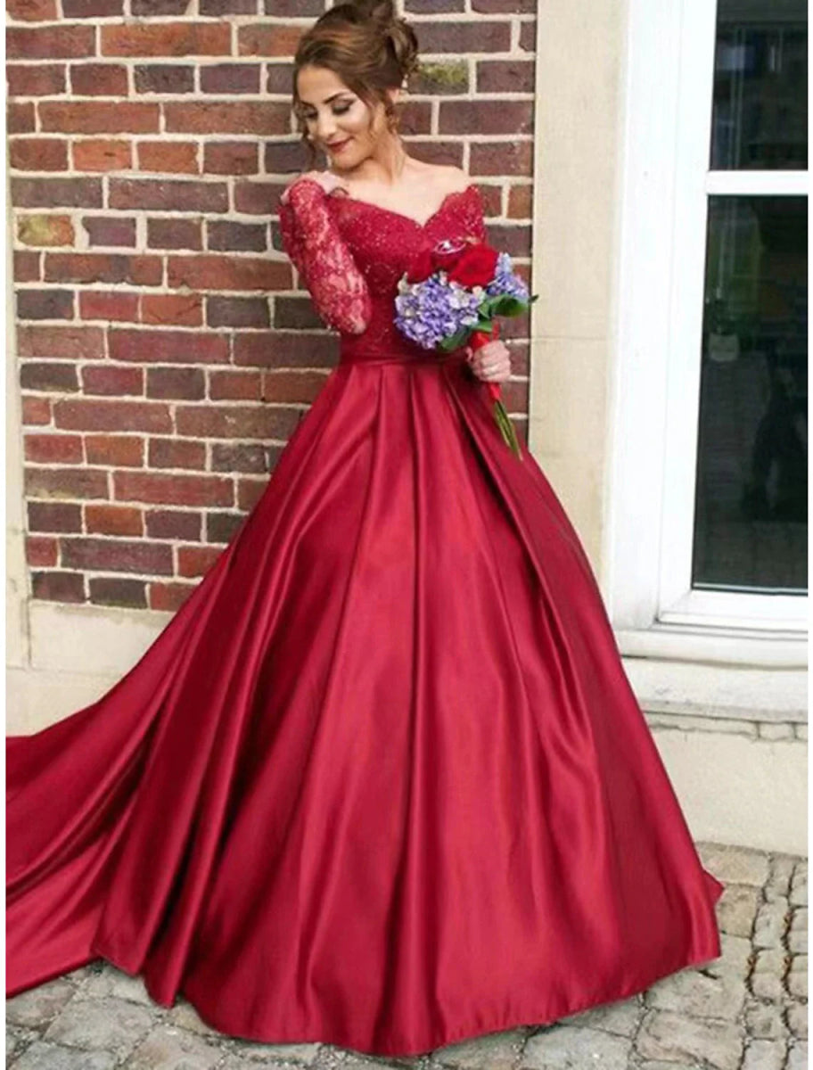 NumberSea - A - Line Evening Gown Floral Dress Sweet 16 Birthday Chapel Train Long Sleeve V Neck Satin with Appliques