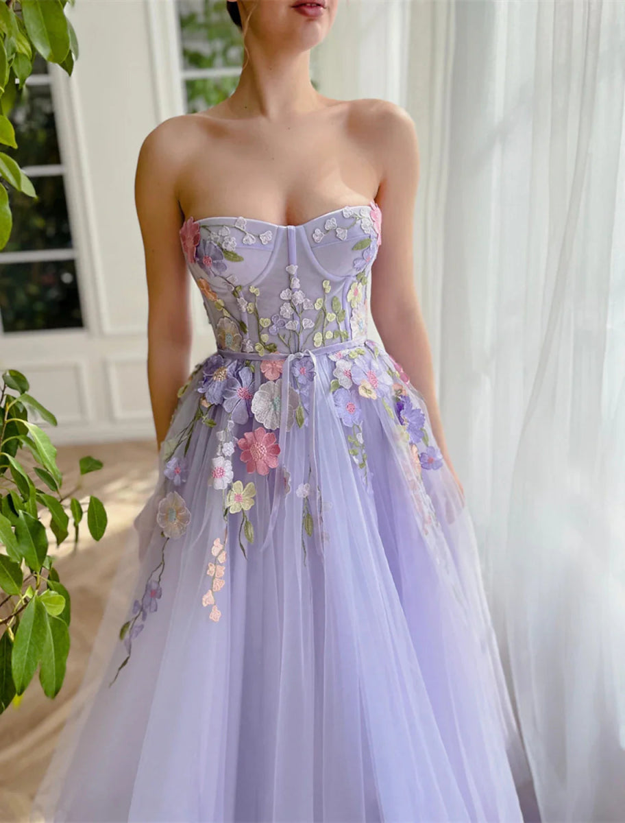 NumberSea - A - Line Evening Gown Floral Dress Wedding Court Train Sleeveless Strapless Tulle with Appliques