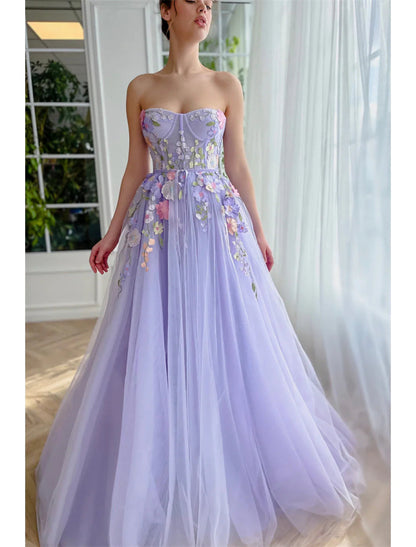 NumberSea - A - Line Evening Gown Floral Dress Wedding Court Train Sleeveless Strapless Tulle with Appliques