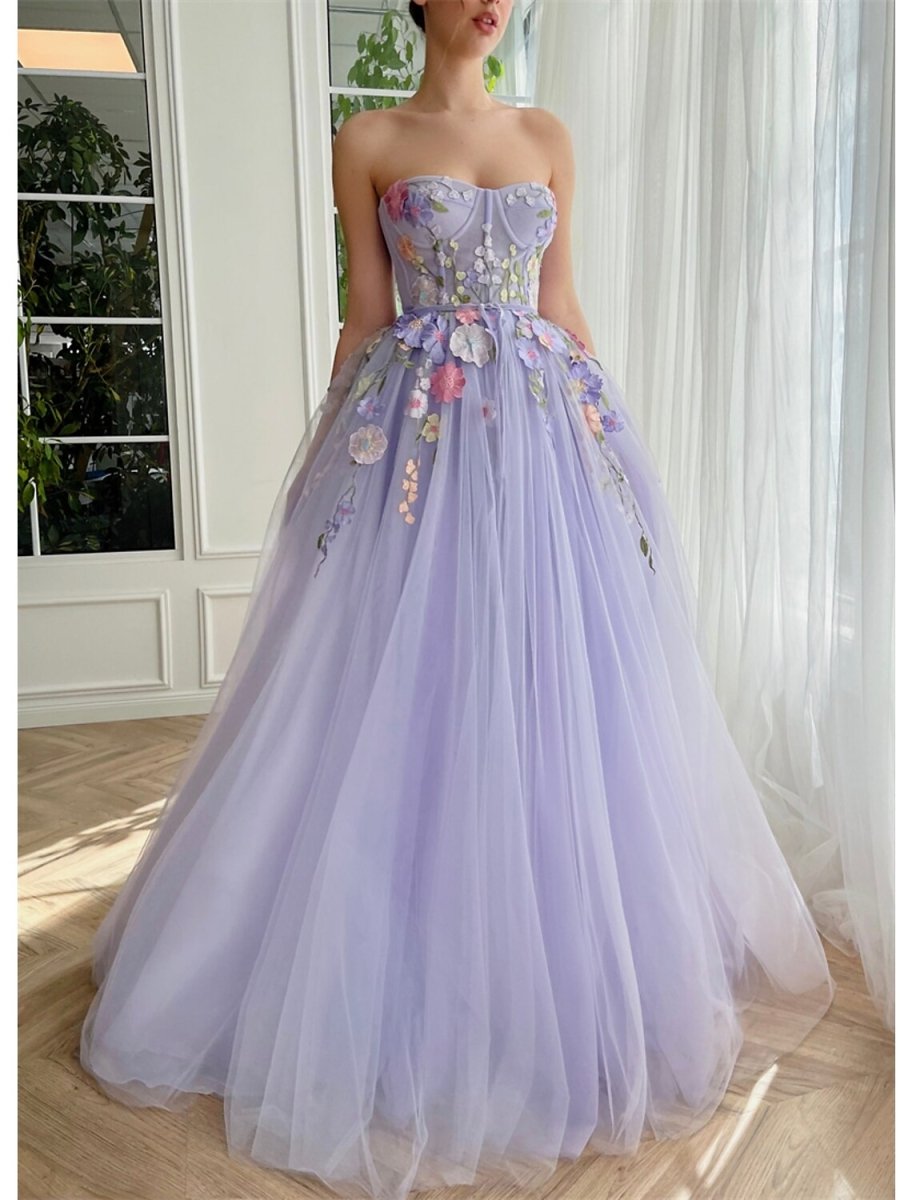 NumberSea - A - Line Evening Gown Floral Dress Wedding Court Train Sleeveless Strapless Tulle with Appliques