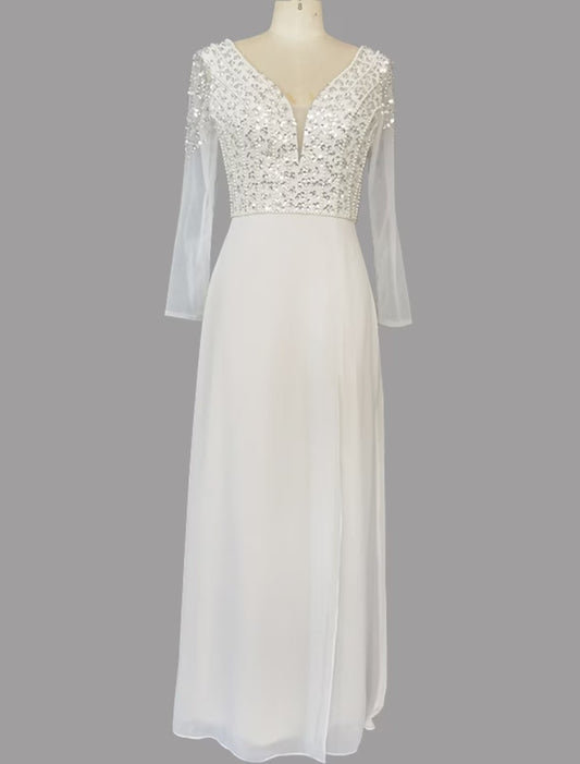 NumberSea - A - Line Evening Gown Glittering Dress Engagement Sweep / Brush Train Short Sleeve V Neck Chiffon with Sequin Slit