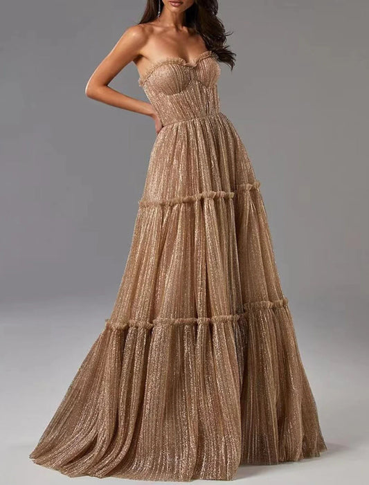 NumberSea - A - Line Evening Gown Glittering Dress Formal Wedding Guest Floor Length Sleeveless Strapless Tulle with Pleats