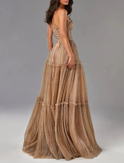 NumberSea - A - Line Evening Gown Glittering Dress Formal Wedding Guest Floor Length Sleeveless Strapless Tulle with Pleats