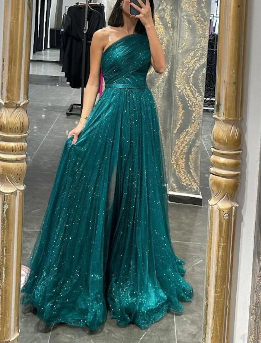 NumberSea - A - Line Evening Gown Glittering Dress Wedding Prom Court Train Sleeveless One Shoulder Tulle with Glitter Ruched Appliques