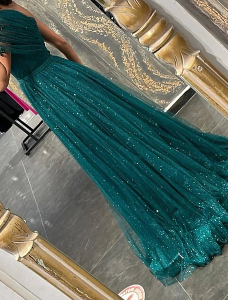 NumberSea - A - Line Evening Gown Glittering Dress Wedding Prom Court Train Sleeveless One Shoulder Tulle with Glitter Ruched Appliques