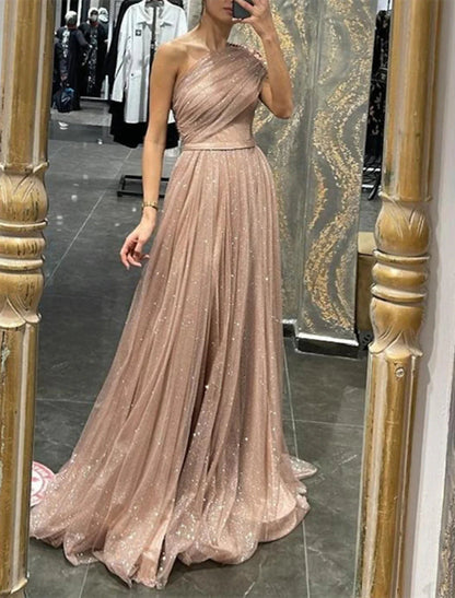 NumberSea - A - Line Evening Gown Glittering Dress Wedding Prom Court Train Sleeveless One Shoulder Tulle with Glitter Ruched Appliques