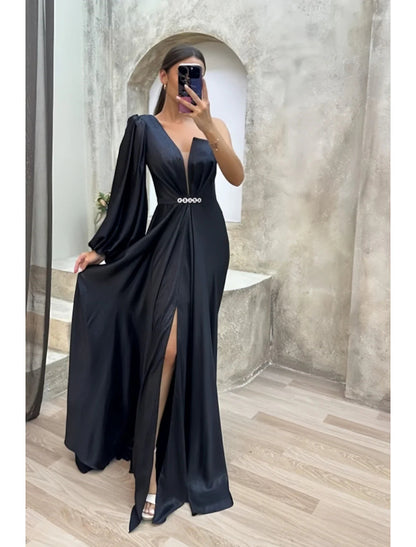 NumberSea - A - Line Evening Gown High Split Dress Formal Fall Sweep / Brush Train Long Sleeve One Shoulder Satin with Pleats Crystals Slit