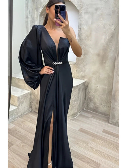 NumberSea - A - Line Evening Gown High Split Dress Formal Fall Sweep / Brush Train Long Sleeve One Shoulder Satin with Pleats Crystals Slit