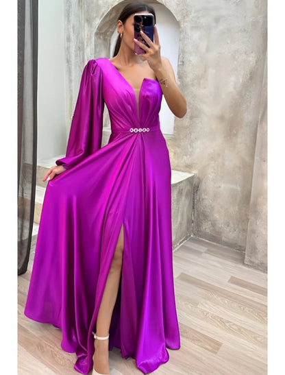 NumberSea - A - Line Evening Gown High Split Dress Formal Fall Sweep / Brush Train Long Sleeve One Shoulder Satin with Pleats Crystals Slit