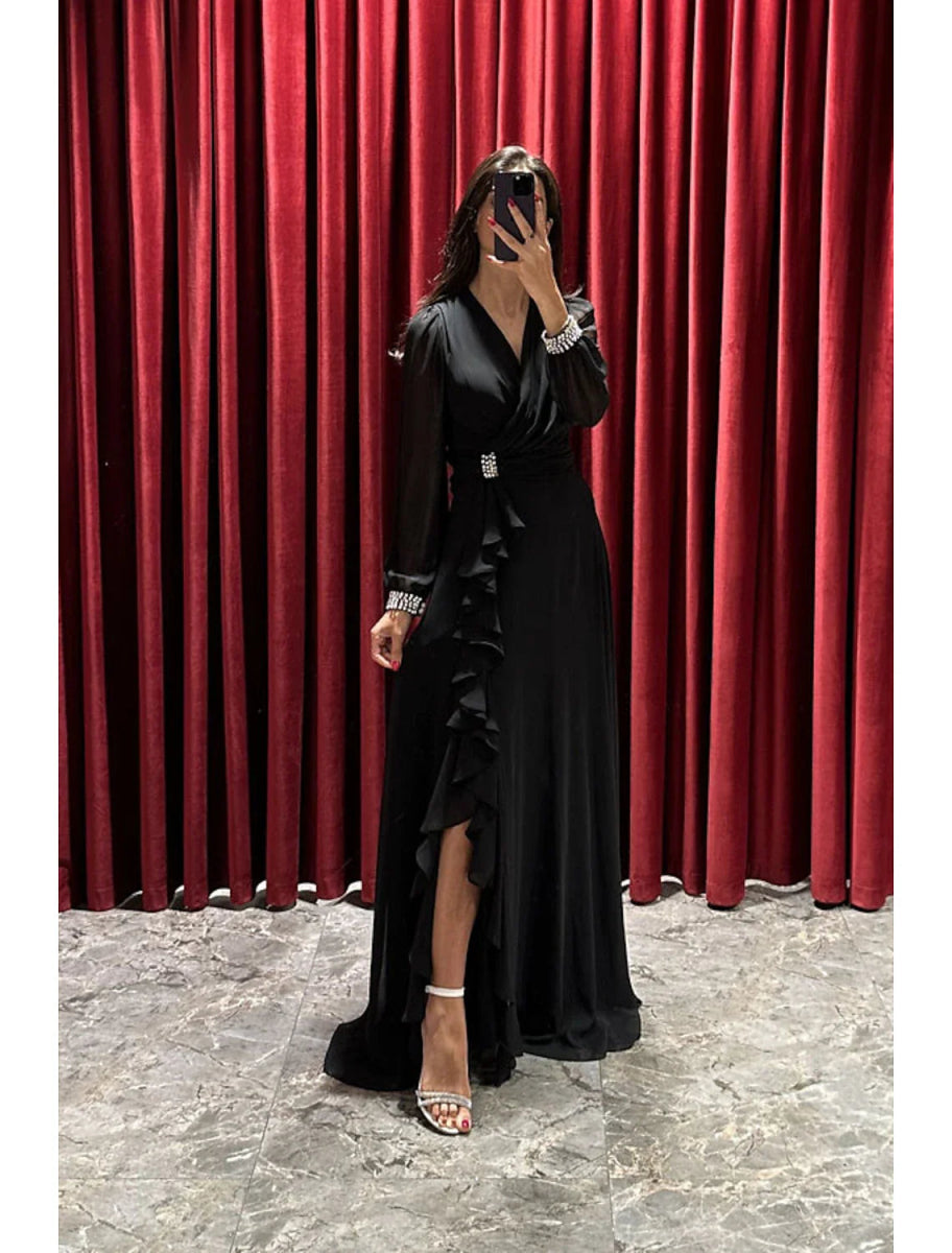 NumberSea - A - Line Evening Gown High Split Dress Formal Fall Sweep / Brush Train Long Sleeve V Neck Stretch Fabric with Pleats Crystals Ruffles