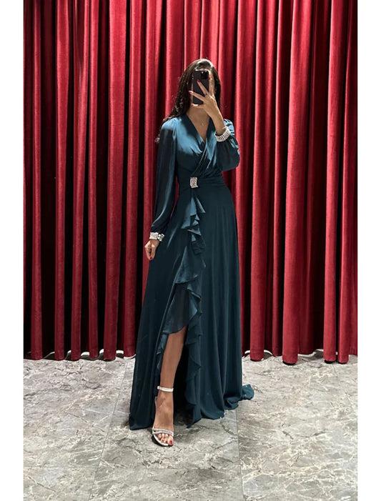 NumberSea - A - Line Evening Gown High Split Dress Formal Fall Sweep / Brush Train Long Sleeve V Neck Stretch Fabric with Pleats Crystals Ruffles