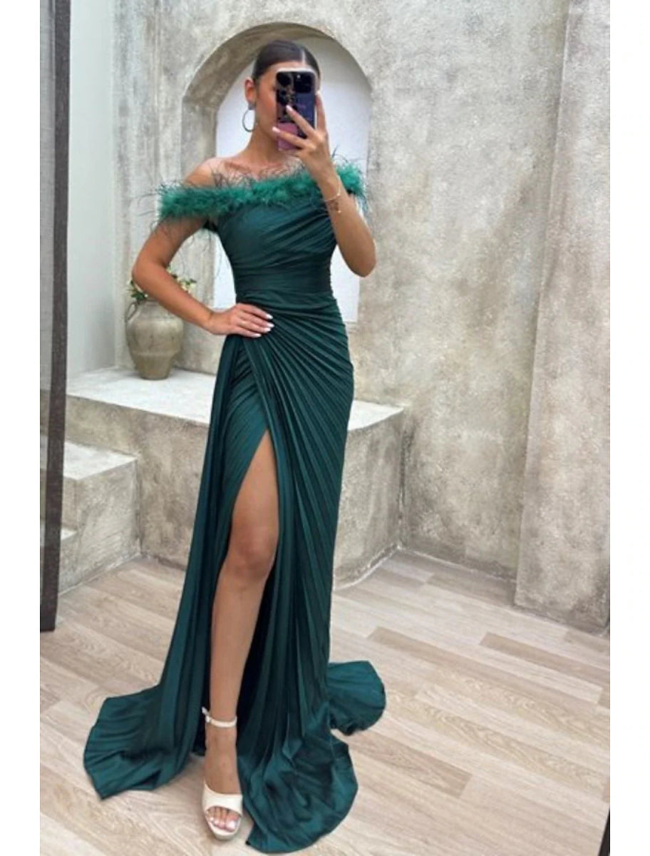 NumberSea - A - Line Evening Gown High Split Dress Formal Fall Sweep / Brush Train Sleeveless Off Shoulder Satin with Feather Pleats Slit