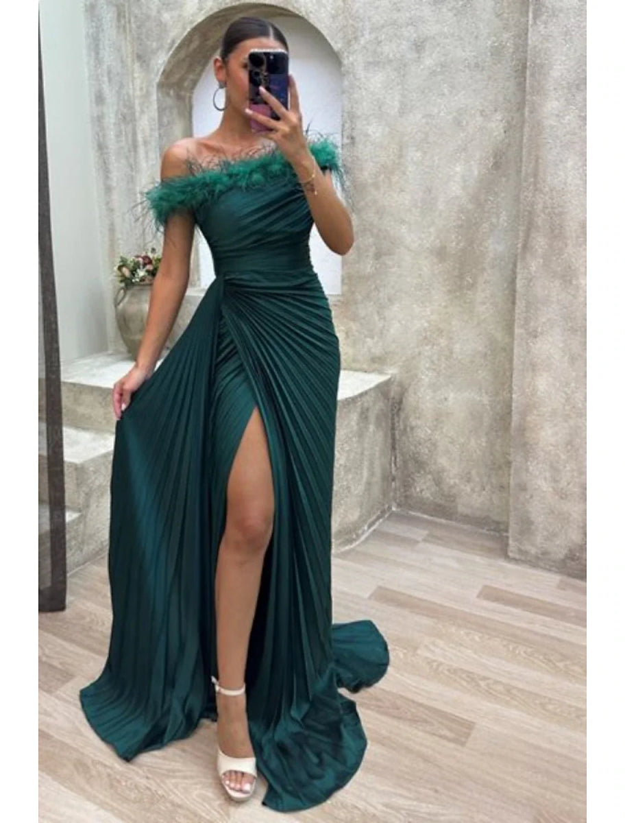 NumberSea - A - Line Evening Gown High Split Dress Formal Fall Sweep / Brush Train Sleeveless Off Shoulder Satin with Feather Pleats Slit