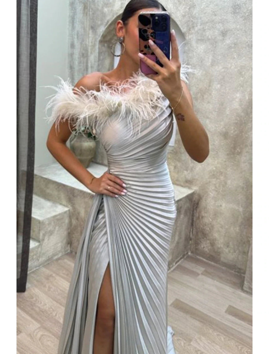 NumberSea - A - Line Evening Gown High Split Dress Formal Fall Sweep / Brush Train Sleeveless Off Shoulder Satin with Feather Pleats Slit