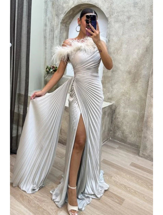 NumberSea - A - Line Evening Gown High Split Dress Formal Fall Sweep / Brush Train Sleeveless Off Shoulder Satin with Feather Pleats Slit