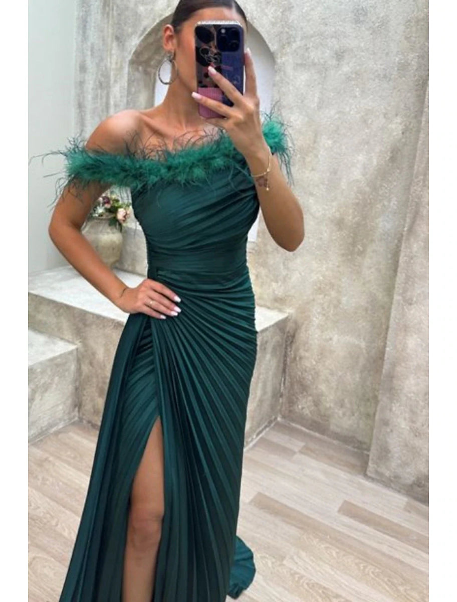 NumberSea - A - Line Evening Gown High Split Dress Formal Fall Sweep / Brush Train Sleeveless Off Shoulder Satin with Feather Pleats Slit