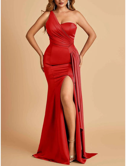 NumberSea - A - Line Evening Gown High Split Dress Formal Sweep / Brush Train Sleeveless One Shoulder Satin with Pleats Slit