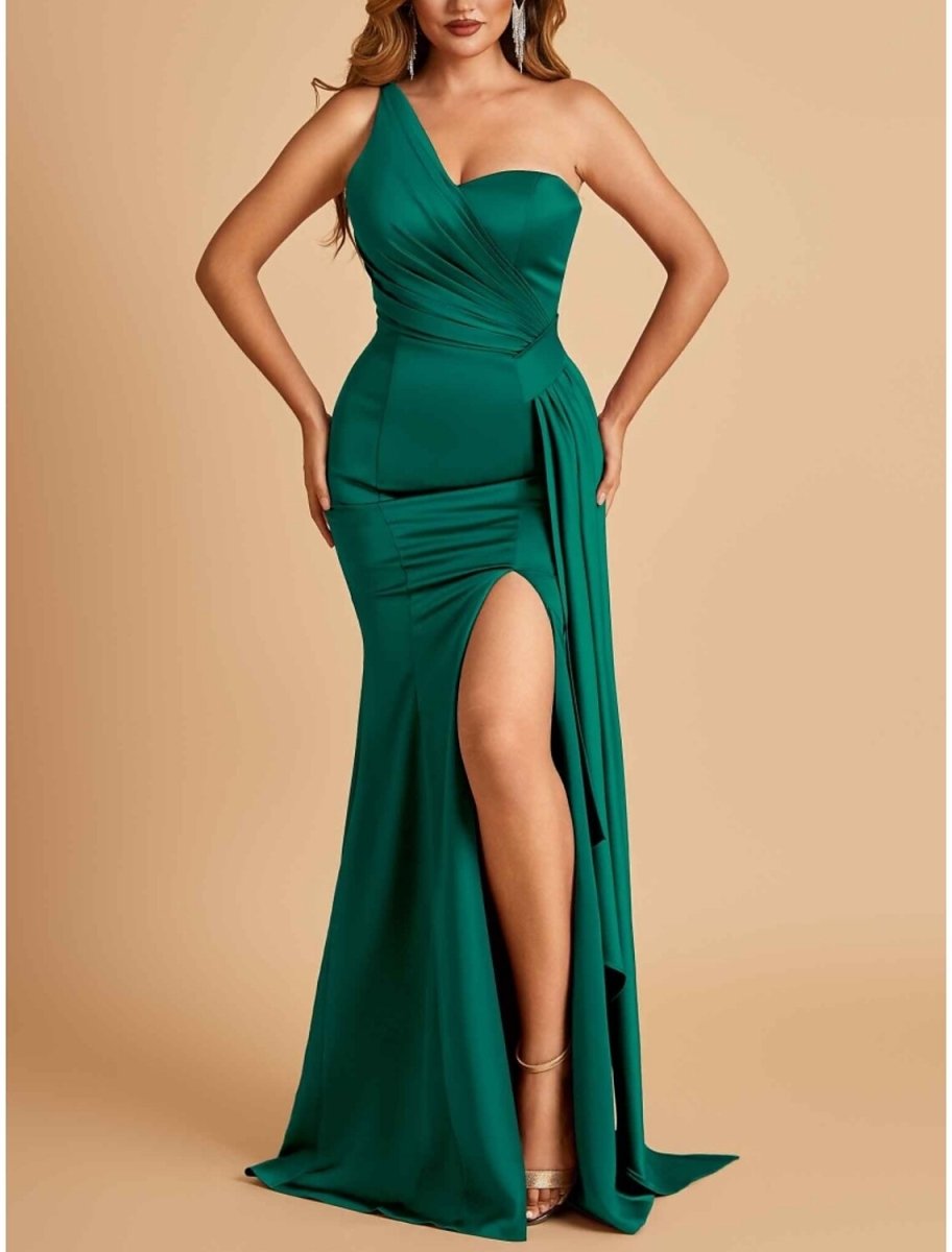 NumberSea - A - Line Evening Gown High Split Dress Formal Sweep / Brush Train Sleeveless One Shoulder Satin with Pleats Slit