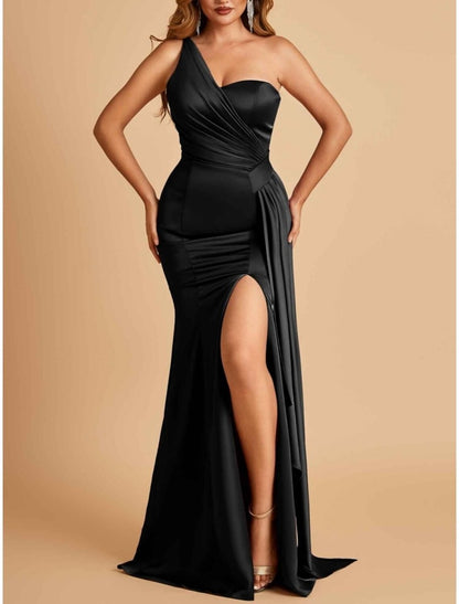 NumberSea - A - Line Evening Gown High Split Dress Formal Sweep / Brush Train Sleeveless One Shoulder Satin with Pleats Slit