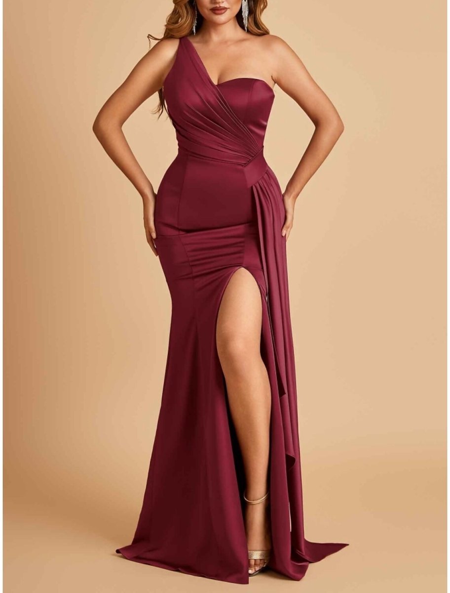 NumberSea - A - Line Evening Gown High Split Dress Formal Sweep / Brush Train Sleeveless One Shoulder Satin with Pleats Slit