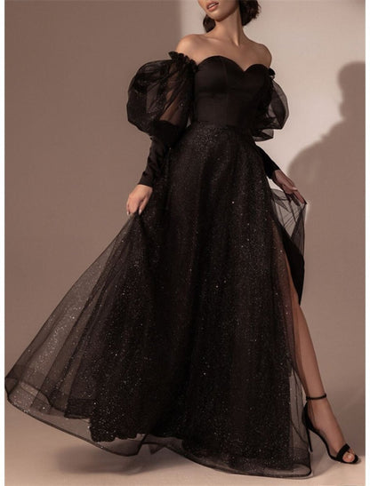 NumberSea - A - Line Evening Gown High Split Dress Prom Semi Formal Black Dress Plus Size Floor Length Long Sleeve Off Shoulder Tulle with Glitter Slit