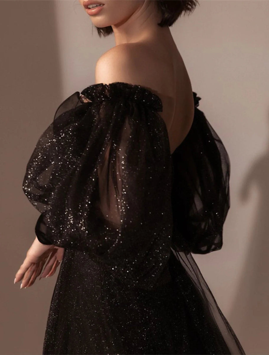 NumberSea - A - Line Evening Gown High Split Dress Prom Semi Formal Black Dress Plus Size Floor Length Long Sleeve Off Shoulder Tulle with Glitter Slit