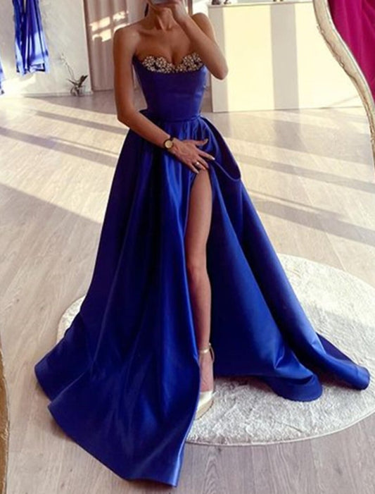 NumberSea - A - Line Evening Gown High Split Dress Wedding Prom Court Train Sleeveless Strapless Satin with Rhinestone Slit