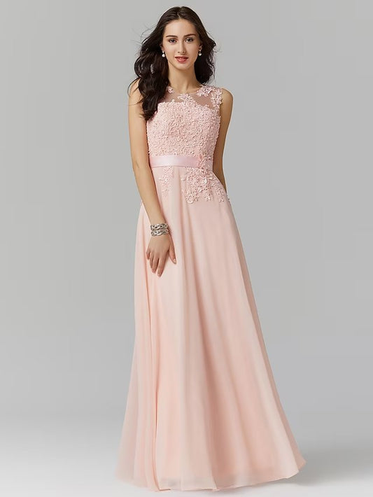 NumberSea - A - Line Evening Gown High Waisted Prom Dress Bridesmaid Wedding Guest Chiffon Floor Length Sleeveless Illusion Neck Georgette with Appliques