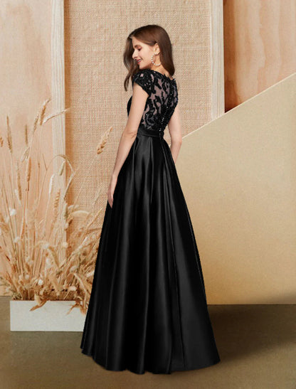 NumberSea - A - Line Evening Gown Luxurious Dress Wedding Guest Engagement Floor Length Short Sleeve Jewel Neck Pocket Satin with Beading Lace Insert Pocket