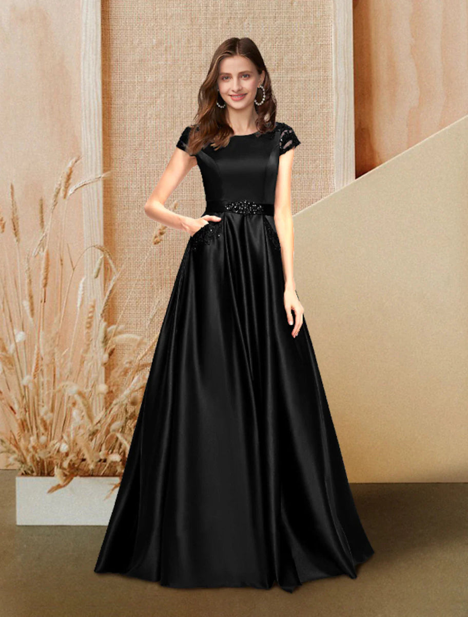 NumberSea - A - Line Evening Gown Luxurious Dress Wedding Guest Engagement Floor Length Short Sleeve Jewel Neck Pocket Satin with Beading Lace Insert Pocket