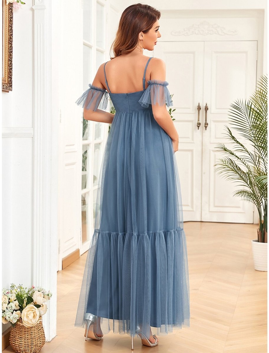 NumberSea - A - Line Evening Gown Maternity Dress Party Wear Wedding Guest Floor Length Sleeveless Spaghetti Strap Tulle with Ruched