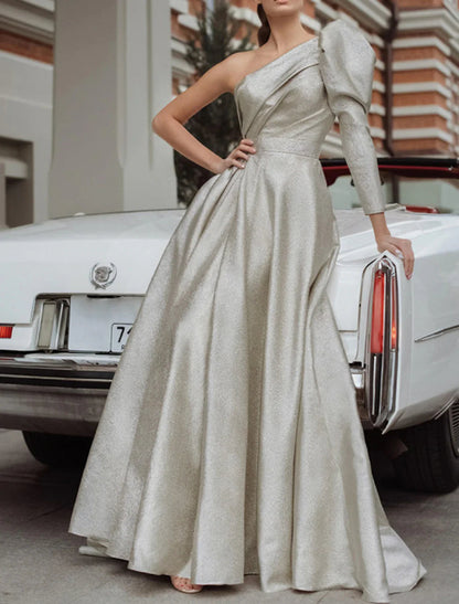 NumberSea - A - Line Evening Gown Maxi Dress Formal Wedding Guest Floor Length Long Sleeve One Shoulder Sequined with Pleats