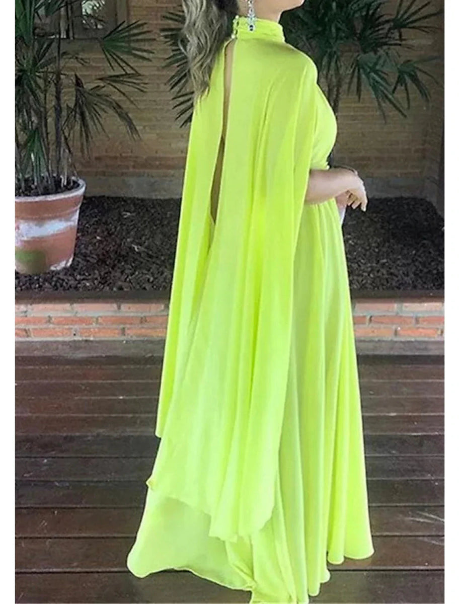 NumberSea - A - Line Evening Gown Maxi Dress Formal Wedding Guest Floor Length Sleeveless High Neck Capes Chiffon with Ruched