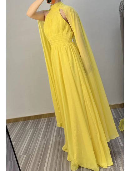 NumberSea - A - Line Evening Gown Maxi Dress Formal Wedding Guest Floor Length Sleeveless High Neck Capes Chiffon with Ruched