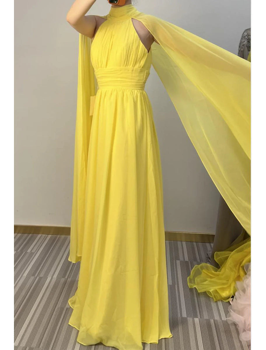 NumberSea - A - Line Evening Gown Maxi Dress Formal Wedding Guest Floor Length Sleeveless High Neck Capes Chiffon with Ruched