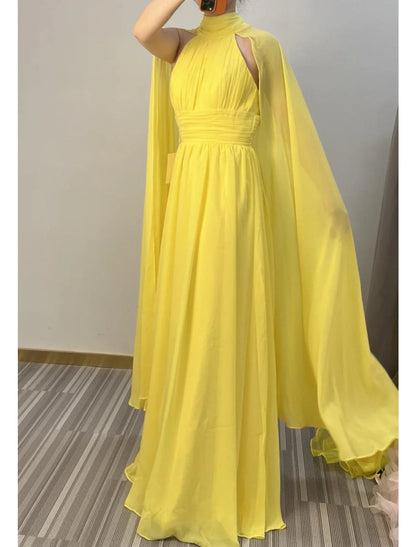 NumberSea - A - Line Evening Gown Maxi Dress Formal Wedding Guest Floor Length Sleeveless High Neck Capes Chiffon with Ruched