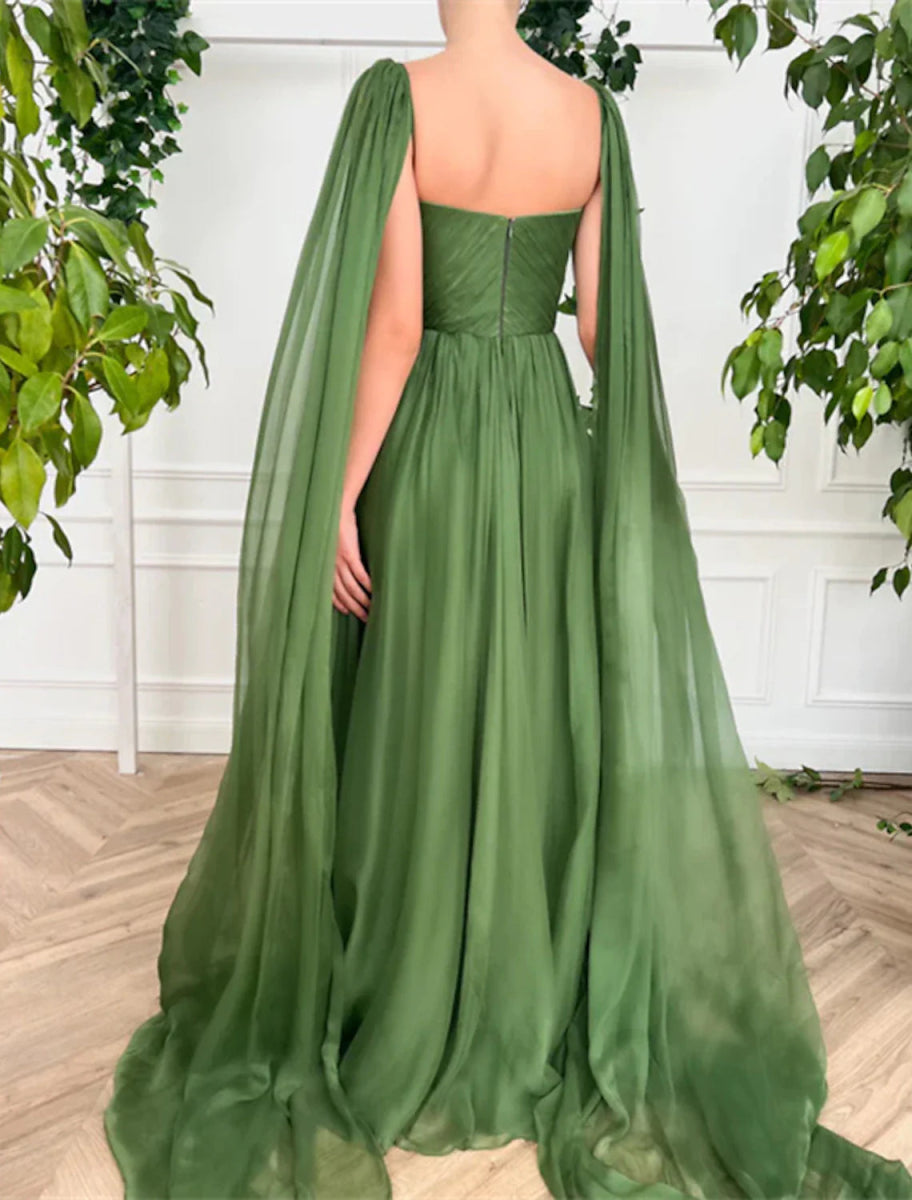 NumberSea - A - Line Evening Gown Maxi Dress Wedding Party Court Train Sleeveless V Neck Fall Wedding Guest Chiffon with Ruched