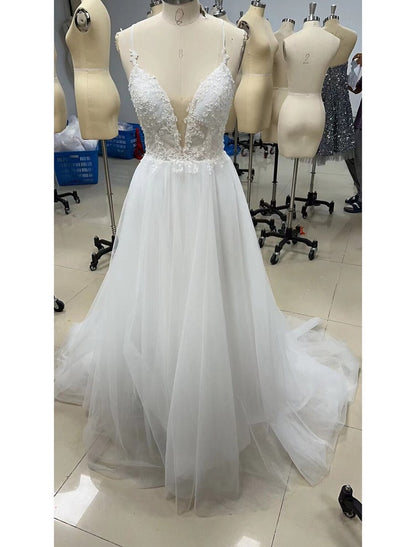 NumberSea - A - Line Evening Gown Minimalist Dress Engagement Wedding Party Sweep / Brush Train Sleeveless V Neck Tulle with Beading Appliques Shouder Flower