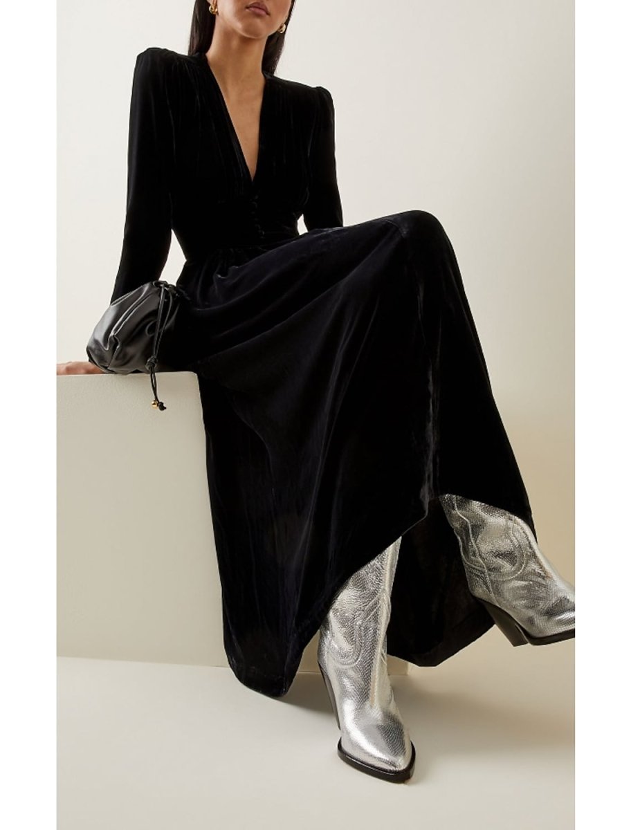 NumberSea - A - Line Evening Gown Minimalist Dress Wedding Guest Ankle Length Long Sleeve V Neck Velvet with Buttons Pleats