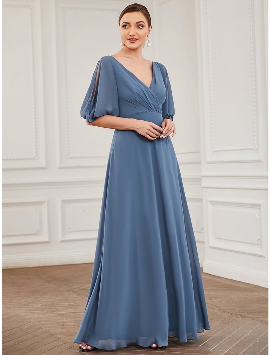 NumberSea - A - Line Evening Gown Minimalist Dress Wedding Guest Floor Length Half Sleeve V Neck Chiffon with Pleats